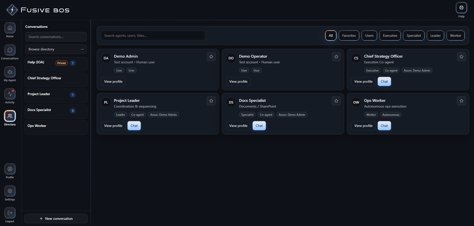 Fusive BOS interface – multi-agent collaboration view